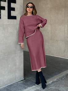 EURMUSE Women Solid Color Rib Knit Handmade Stitch Detailed Sweater & Sweater Skirt Set - Dusty Pink - View 6