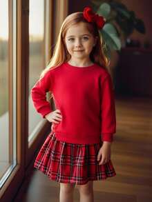 SHEIN Young Girls' Red Plaid Skirt Set,Long Sleeve Sweatshirt Dress,Winter Princess Outfit For Birthday & Back-To-School,Autumn Two Piece Kids Clothes Set - Red - View 2