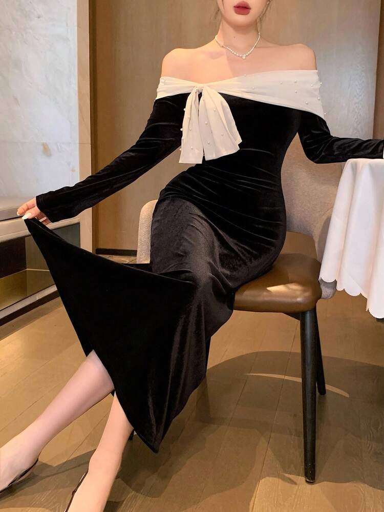 Autumn/Winter Velvet Commuter Elegant Fitted Drawstring Tie-Up Contrast Color Splice Off-Shoulder Fashion Wedding Party Cocktail Mermaid Dress For Women Prom Dress Valentine's Day