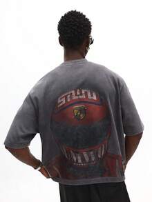 SUMWON 水洗复古印花圆领短袖T恤，背面全幅图案设计，休闲款 - 灰色 - 查看 1