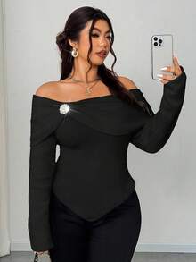 Franclia 女款優雅黑色秋季針織毛衣，正式晚裝露肩披肩領金屬水鑽裝飾百褶修身大尺碼上衣 - 黑色 - 查看 6