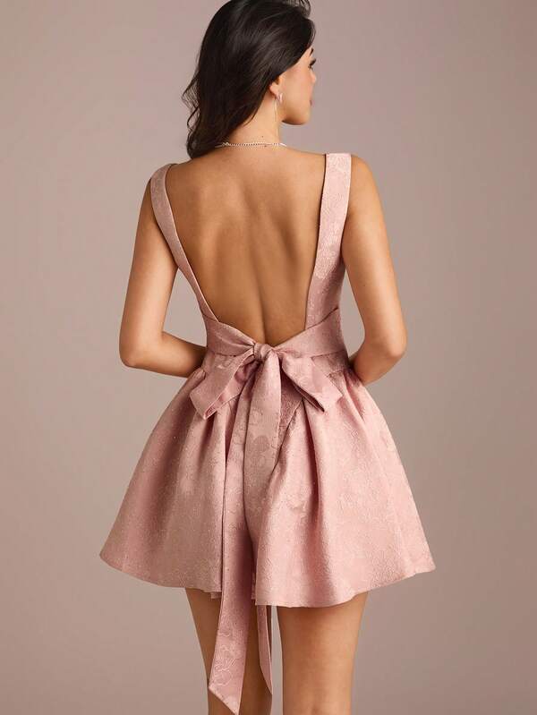 Enchnt Fall/Winter Romantic Women's Pink Satin Jacquard Rhinestone Decor Backless Cute Big Bowknot Princess Mini Dress,Chic&Elegant For Party&Date&Holiday&Graduation&Going Out&Halloween&Christmas,New Years Outfits For Women