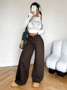 SHEIN PETITE 女士休闲宽松阔腿蓝色牛仔裤、复古牛仔裤、海军蓝牛仔裤、秋季女装、冬季女裤、蓝色返校节牛仔裤、女式喇叭裤 - 棕色 - 查看 6