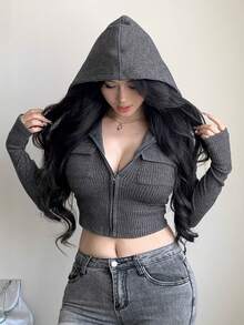 Áo crop top trùm đầu thường ngày bằng vải nỉ có họa tiết dành cho nữ, có túi lớn, phong cách tiện dụng ngoài trời, tay dài, ôm sát, phù hợp cho mùa thu và xuân Y2K - Màu xám đen - Xem 4