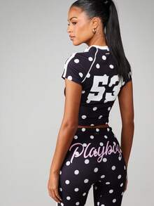 Missguided x Playboy Áo bóng đá chấm bi tay ngắn crop top cổ chữ V và số thể thao - Đen và trắng - Xem 2