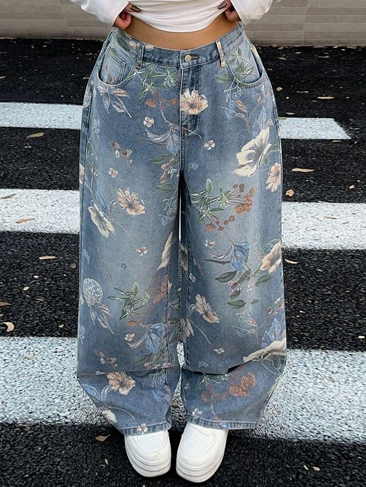 Dazy Plus Valentine Floral Print Straight Leg Long Plus Size Women Jeans - Light Wash - View 1