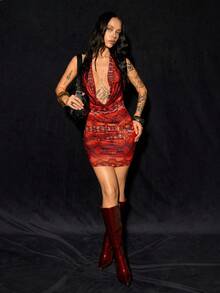 SHEIN ICON Snake Skin Print Backless Ruched Neck Bodycon Mini Dress - Burgundy - View 4