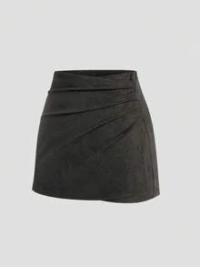 Sweetra Plus Size Pleated Asymmetric Zipper Decor Faux Suede Short Skirt, Minimalist Style For Commuting, Autumn/Winter - Dark Grey - View 3