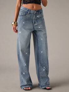 SHEIN BAE 女式休闲水洗水钻直筒牛仔裤 - 淺色水洗藍 - 查看 5