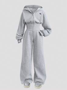 SHEIN Tween Girl Hooded Zip-Up Sweatshirt And High Waisted Thermal Lined Pants Jumpsuit With Elegant Horse Racing Embroidered Pattern Loose Sweatshirt Jumpsuit Girls Co Ord Sets Jumpsuits Sweatsuit Set Girls Jump Suit Grey Jumpsuit - Light Grey - View 7