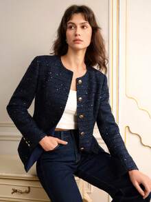 Lilora Women's Elegant Commuter Sequin Tweed Jacket For New Year - Blue - View 8