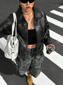 Veste  délavée et accentuée, style américain rétro, automne/hiver, grande taille - Noir - Voir 3