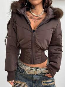 Coolane Women's Winter Streetwear Basic Daily Wear Quilted Coat With Flannelette Hat Brown Warm/ Cold Weather/ Thermal Crop Jacket,Women's Winter Clothes - Brown - View 4