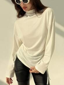Aloruh 女士秋冬新款圆领宽松大码落肩舒适长袖抽绳下摆修身打底T恤 - 米色 - 查看 7