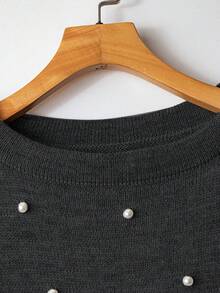 SHEIN LUNE Grey Pearl Embellished Knit Sweater With Romantic Ruffle Sleeves