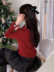 DAZY Áo len trễ vai màu đỏ dành cho nữ, thiết kế tinh tế, thanh lịch, giảm tuổi tác, làm thon gọn, áo thu/đông - Màu Đỏ Sâu - Xem 2