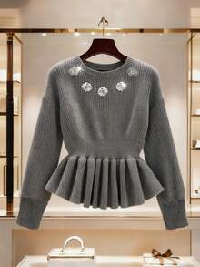 Lyxana Women's Elegant Ruffle Hem Beaded Floral Embellished Fitted Knit Sweater, Autumn/Winter - Grey - View 3