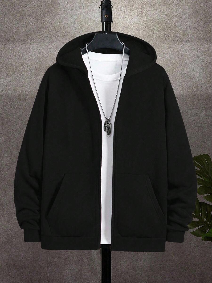 SHEIN 兒童 1 件大童男孩黑色連帽冬季開襟衫 寬鬆版型 秋季休閒城市運動學院風復古貼袋 開學日常穿搭 - 黑色 - 查看 1