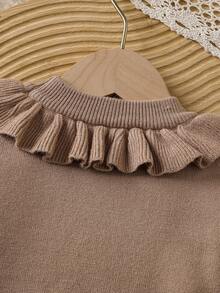 女婴休闲纯色荷叶边下摆毛衣，秋冬 - 卡其色 - 查看 6