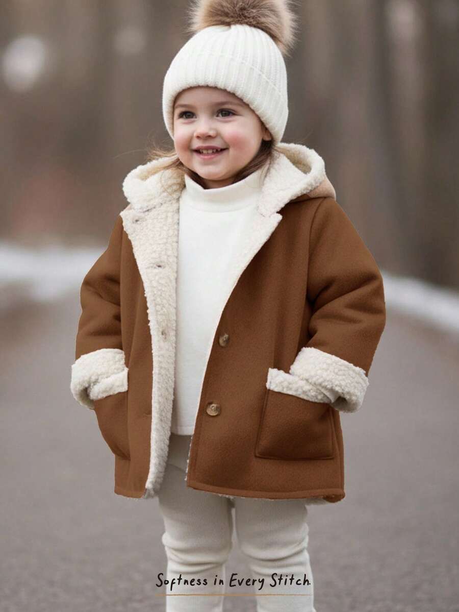 Cozy Pixies Baby Girl Suede Thermal Lined Contrast Color Long Sleeve Hooded Cardigan, Casual & Versatile In Fall/Winter - Coffee Brown - View 1
