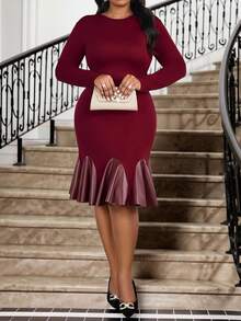 SHEIN Lady 大码优雅拼布美人鱼连衣裙 - 紅色 - 查看 4