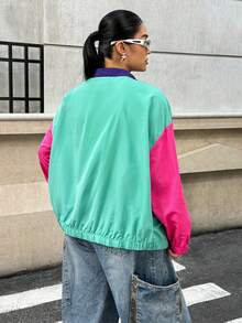 Muchica Plus Size Color Block Patchwork Jacket, Casual Autumn - Multicolor - View 2