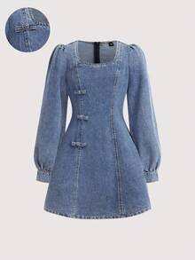 SHEIN Tween Girls Elegant Vinatge Square Neck Blue Denim Dress Fall Winter,Casual And Versatile For Girls Fall/Winter Dailywear And Streetwear Outfits,For Girls Halloween And Christmas Outfits,Girls New Year Clothes,Thanksgiving Outfit For Girls,Elegant Party Dresses For Girls,Girls Winter Dress,Tween Denim Clothes,Winter Clothes, Elegant Dress - Medium Wash - View 7