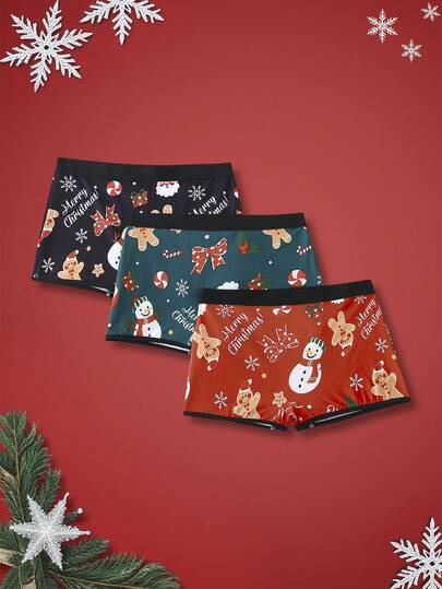 3pcs Christmas Snowman & Gingerbread Man Print Comfortable Cute Unique Panties, Suitable For Teens