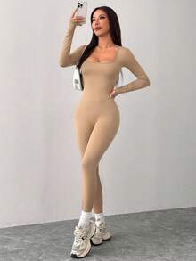 SHEIN PETITE 黑色針織方領緊身休閒運動瑜伽連身衣 高彈力連身裙女款 小碼女款 - 駝色 - 查看 4