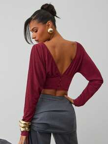 Hauture Top tricoté sexy et décontracté pour le bureau, col V profond, manches longues, fermeture bouton dans le dos pour femmes - Rouge foncé - Voir 2