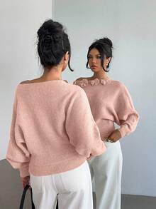 Elenzga كنزة نسائية أنيقة بتصميم أزهار وزخارف من الراين، كتف غير متماثل، لون أحادي - وردي - مشاهدة 2