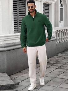 Manfinity CasualCool Autumn/Winter Fleece Stand Collar Half Zip Long Sleeve Loose Thickened Casual Sports Pullover Sweatshirt Men Solid Color Fitness Gym Training Knit Jacket