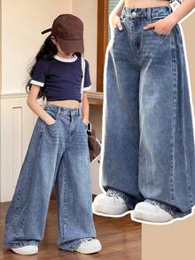 SHEIN Tween 女童高腰口袋阔腿宽松休闲百搭牛仔裤，秋冬 - 中等水洗藍 - 查看 9