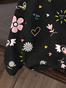 SHEIN Leap Crew 黑白粉配色，甜美涂鸦脸、爱心、花卉图案，复古可爱，少女休闲宽松舒适卫衣，适合秋冬季节，休闲校园风、运动风、户外风、街头风、居家风、校园风。 - 彩色 - 查看 4