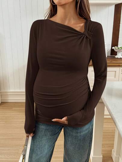 SHEIN Maternity Solid Color Minimalist Long Sleeve T-Shirt, Everyday Wear