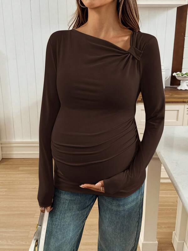 SHEIN Maternity Solid Color Minimalist Long Sleeve T-Shirt, Everyday Wear