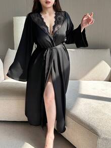 Dazy Plus Plus Size Women Solid Color Satin Contrast Lace Sexy Loose Tie Waist Sleepwear Robe, Spring/Autumn, Winter