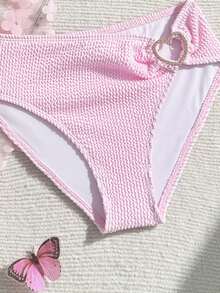 SHEIN 3Pcs/Set Teen Girls' Plain 2-Piece Stylish Swimsuit With Ruffle Edge Trim Summer Holiday