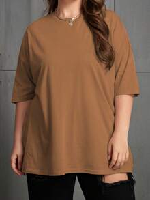 EMERY ROSE Plus Size Women Solid Color Drop Shoulder Casual Loose Crew Neck T-Shirt - Brown - View 1