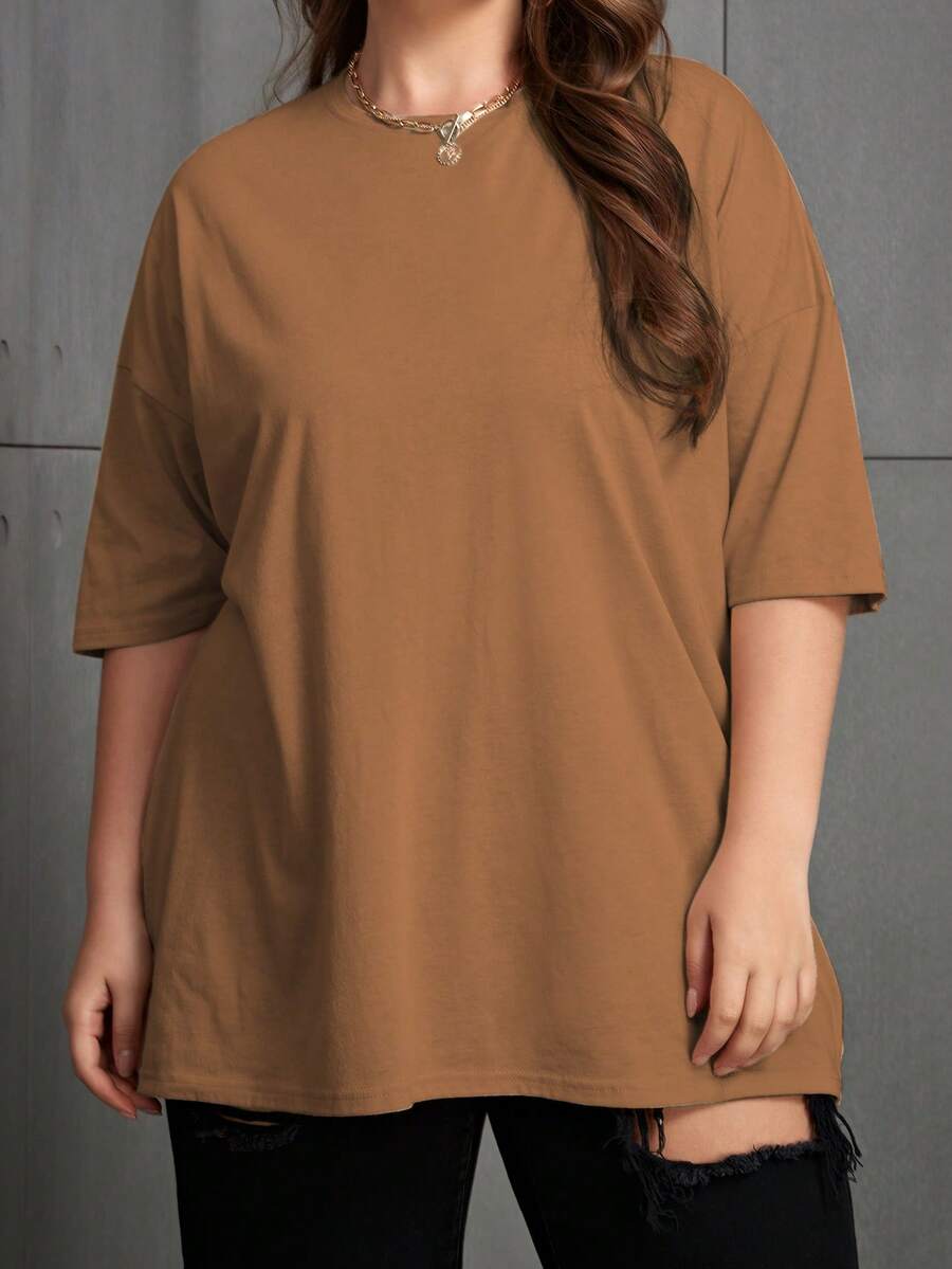 EMERY ROSE Plus Size Women Solid Color Drop Shoulder Casual Loose Crew Neck T-Shirt - Brown - View 1