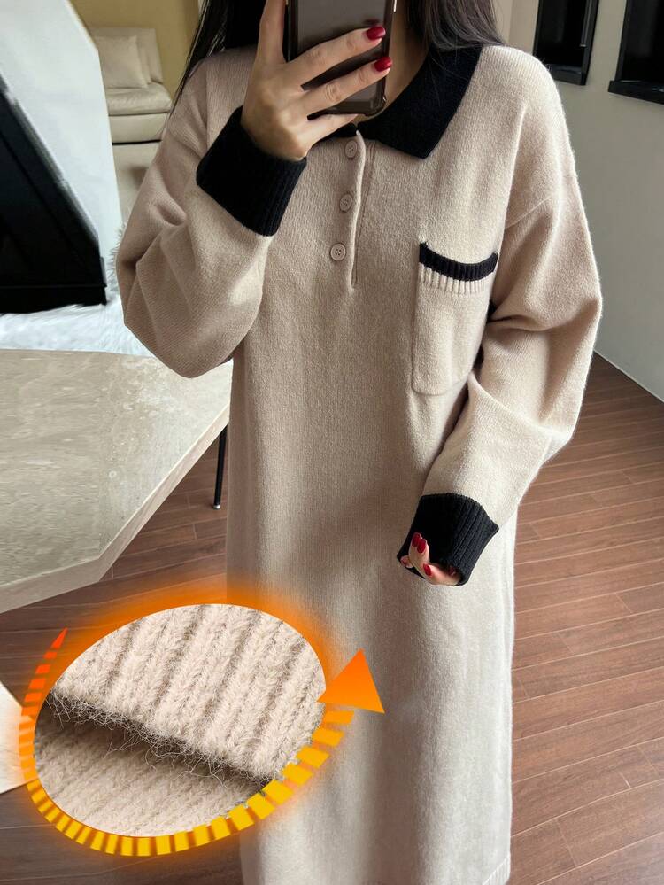 Women's Minimalist Contrast Color Knitted Loose Long Dress Loungewear, Winter, Moo Moo Night Dress