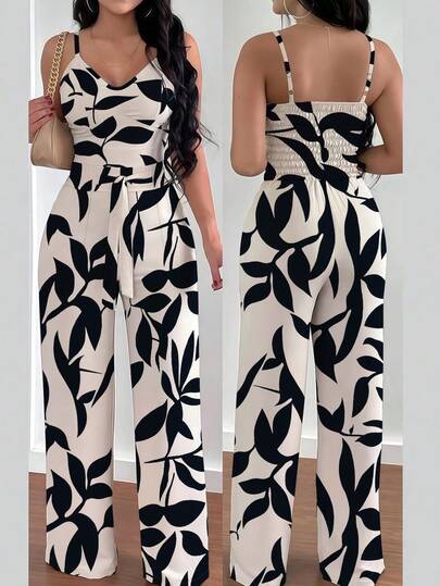 INAWLY Mono con estampado floral con detalle de nudo en la cintura elástica ajustable para mujeres