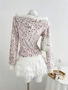 Elamini 秋冬季休闲女式撞色保暖内衬拉链卫衣，豹纹印花，柔软修身，适合返校和居家穿着 - 彩色 - 查看 2