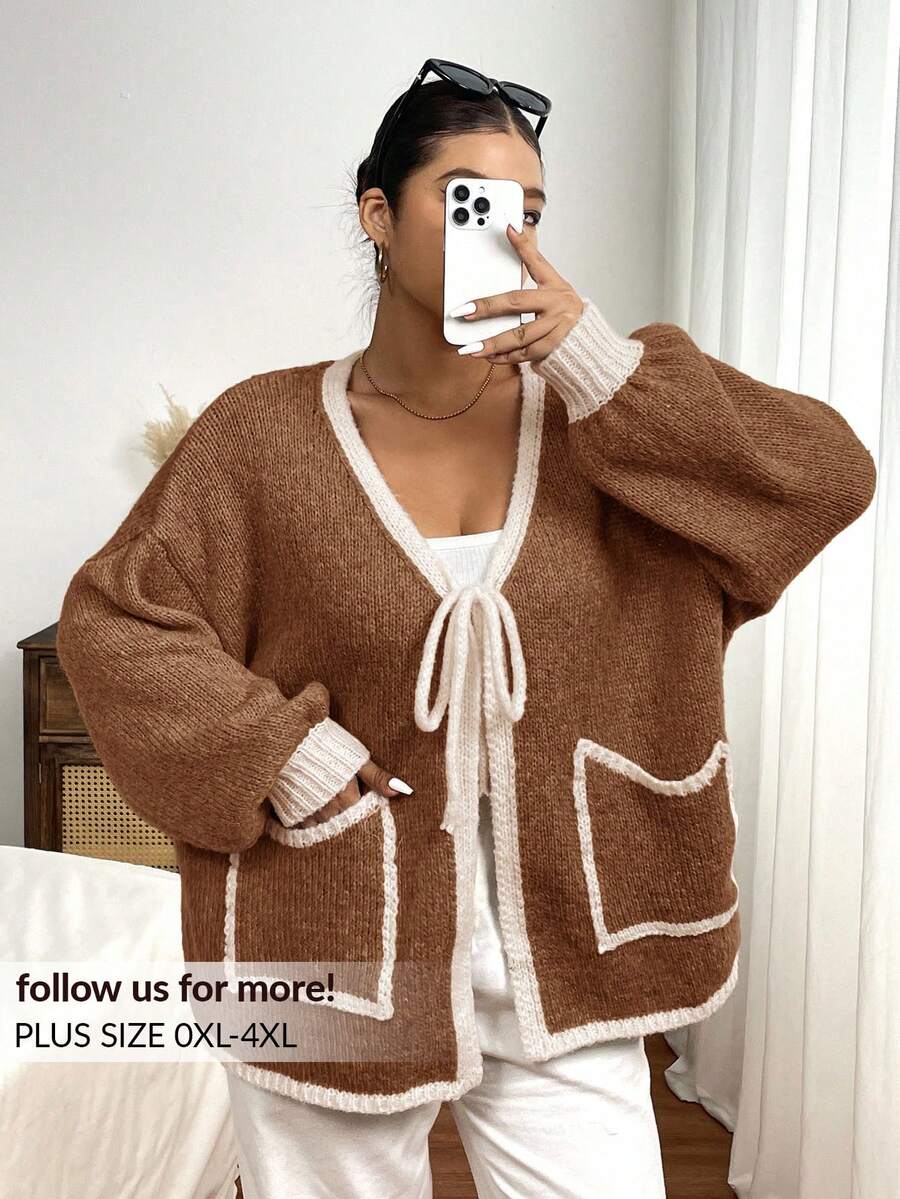 Lounesse Plus Size Casual Colorblock Drawstring Cardigan Sweater In Fall/Winter Brown Cardigan Brown Sweater Oversized Cardigan Sweater Cardigan Knit Cardigan - Multicolor - View 1