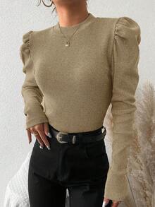 EURMUSE Women's Solid Color Round Neck Raglan Sleeve Casual T-Shirt - Apricot - View 5