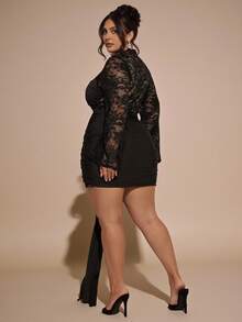 SHEIN BAE Plus Size Women Black Lace Patchwork Long Sleeve Dress,Autumn Elegant Formal Evening Night Out Club,Halloween Costume, Party Wedding Guest Dress - Black - View 3