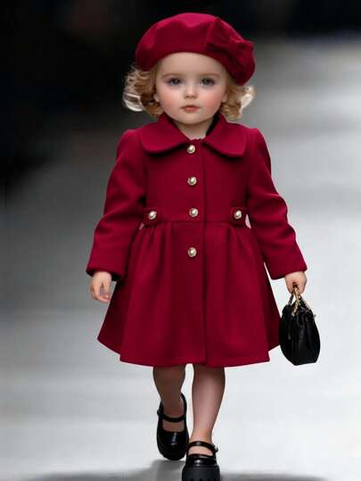 SHEIN Buy One Get One Free 2 Packs Cute Baby Girl Casual Simple Delivery Beret With Bow Decoration Mid-Length Coat Suitable For Birthday Parties, Evening Parties, Performances, Weddings, Baptisms, Opening Ceremonies, Suitable For Daily Use, Suitable For Outing, Suitable For Christmas And Holidays, Suitable For Autumn And Winter
