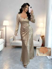 Rafferiza 女式优雅派对性感深V领天鹅绒金属装饰修身高开衩连衣裙 - 香檳色 - 查看 1