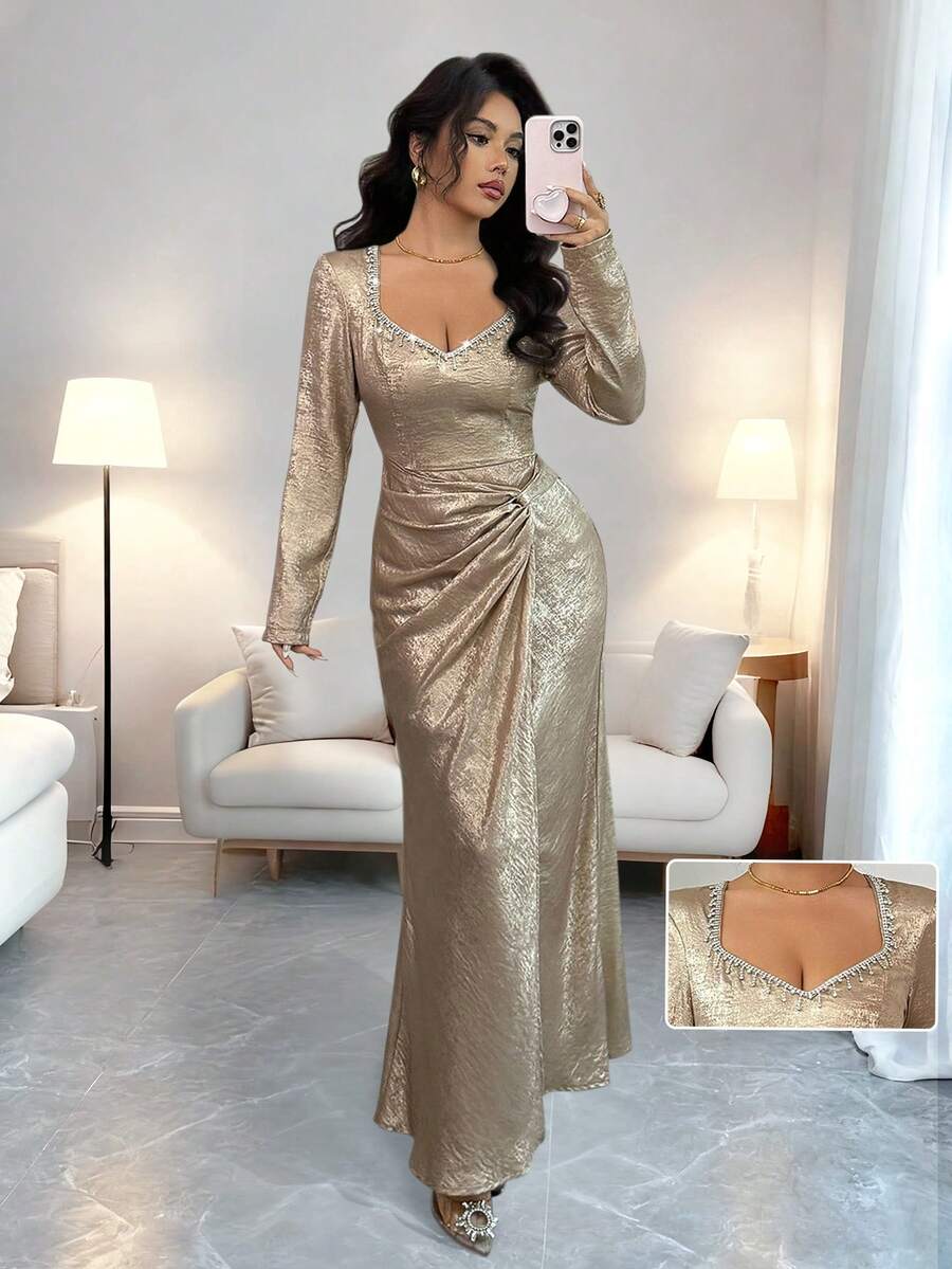 Rafferiza 女式优雅派对性感深V领天鹅绒金属装饰修身高开衩连衣裙 - 香檳色 - 查看 1