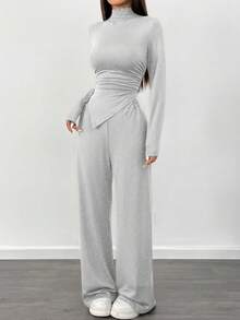 Chiquease 2pcs/Set Atasan Lengan Panjang dengan Hem Berkerut Asimetris dan Celana Panjang Lebar - Light Grey - View 6